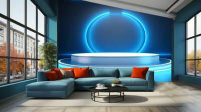 Futuristic room with circle neon podium and a round neon lamp. 3D space with empty stage AI Generative Wall mural