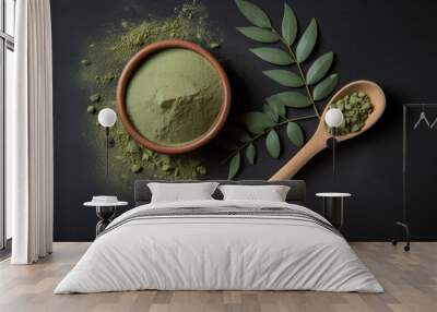 Green matcha tea drink and tea accessories on green background Wall mural