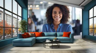 happy young african american young woman sitting in her chair smiling. AI Generative Wall mural