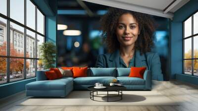 happy young african american young woman sitting in her chair smiling. AI Generative Wall mural