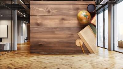 School supplies on wood background. Top view. Copy space.AI Generative Wall mural