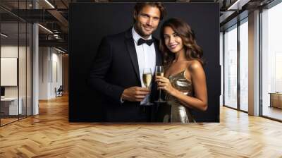 Smiling couple clinking glasses with champagne while standing isolated over dark wall. AI Generative Wall mural