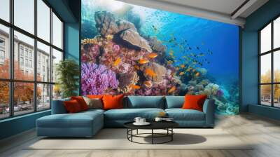 Underwater coral reef landscape with colorful fish. IA Generative Wall mural