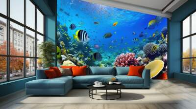 Underwater coral reef landscape with colorful fish. IA Generative Wall mural