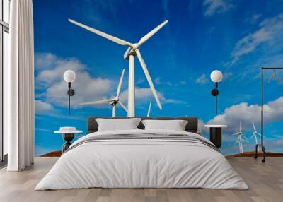 Wind turbines farm on sunset in winter Wall mural