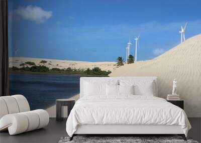 a dune, a lake and a wind farm  Wall mural