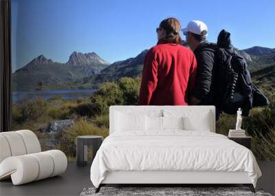 Couple looking at  Cradle Mountain-Lake St Clair National Park Tasmania Australia Wall mural