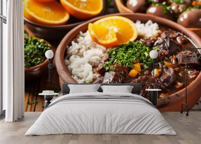 brazilian feijoada food with rice orange and meats Wall mural