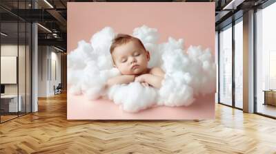 Cute Sleeping Baby Sleeping On A White And Soft Cloud, Studio Photo, A Light Pink Background, Baby Floating On A Cloud Wall mural