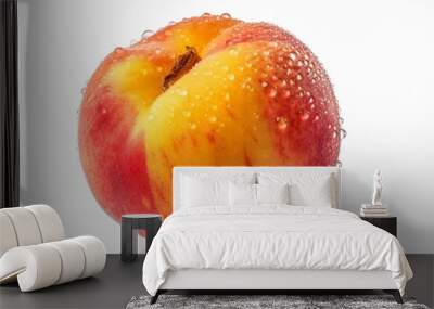 close-up of juicy peach with water droplets on a plain white background. Generative AI Wall mural