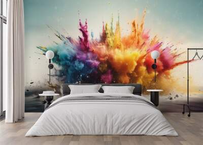 Panoramic watercolor explosion in rainbow with header splash. Generative AI Wall mural