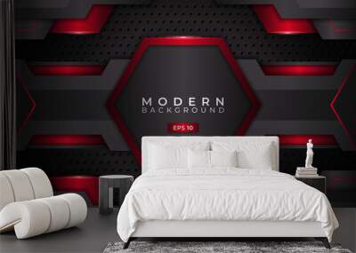 Modern Background Futuristic Technology 3D Realistic Red Hexagon with Metallic Grey Wall mural