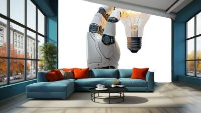 Ai robot hand holding lightbulb on isolated transparent background Wall mural