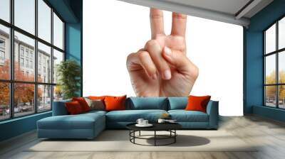 Man hand showing the sign of victory on isolated transparent background Wall mural