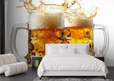 Two beer mugs splash toast cheers on isolated transparent background Wall mural