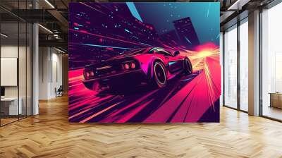 A black sports car drives through a neon cityscape at night. Wall mural