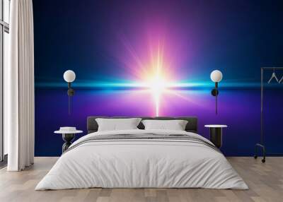 A bright light shining from the center of the image with rays of light emanating from it. Wall mural