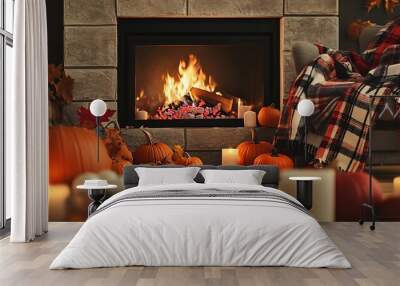 A cozy living room fireplace with a burning fire, pumpkins, and candles for a warm and inviting autumn atmosphere. Wall mural