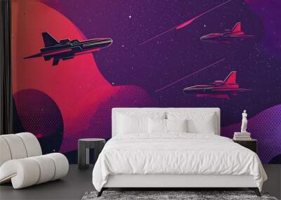 A futuristic illustration of three spaceships flying through a purple, orange, and pink cosmos. Wall mural