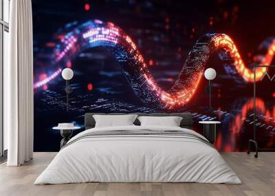 A glowing, digital data stream in red and blue, reminiscent of a DNA strand, swirls over a dark, textured, digital background. Wall mural