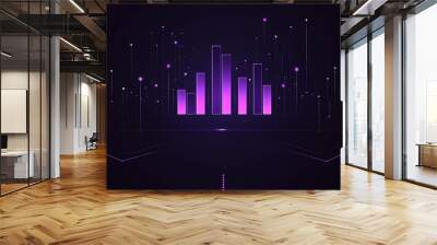 A glowing purple bar graph on a dark blue background with a digital pattern. Wall mural