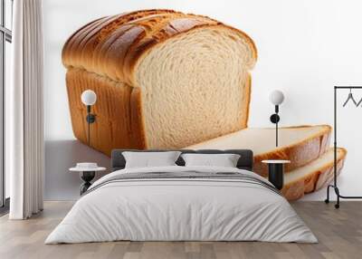 A loaf of white bread with two slices cut off and isolated on a white background. Wall mural