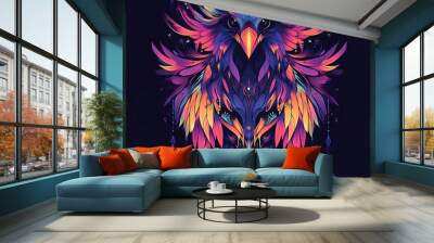 A Neon Owl With Feathers and Geometric Designs Wall mural