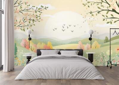 A picturesque sunrise over a rolling landscape with blooming wildflowers, trees, and birds flying in the sky. Wall mural