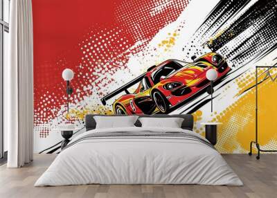 A red and yellow race car speeding on a white background with a red and black dotted pattern. Wall mural