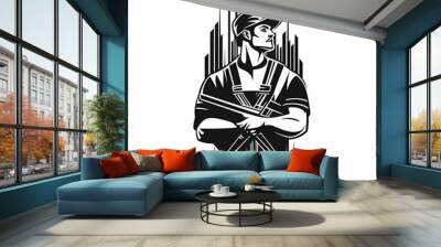 A strong man in a cap and work clothes standing with crossed arms against a cityscape. Wall mural