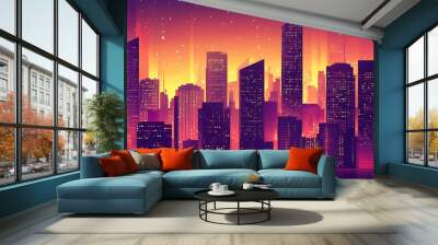 A vibrant cityscape with tall buildings illuminated by a fiery sunset sky. Wall mural