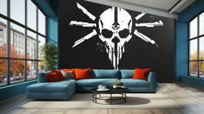 A white skull with a triangle on its forehead and four jagged lines extending outwards from the skull on a dark background. Wall mural