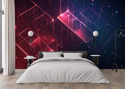 Abstract 3D geometric pattern with glowing red lines and blue dots on a dark background. Wall mural