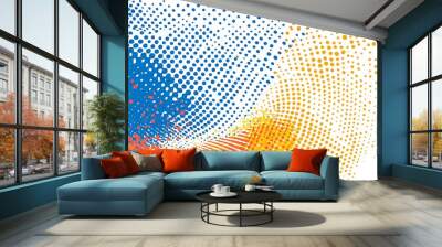 Abstract background with blue, orange, and white dots on a white background. Wall mural