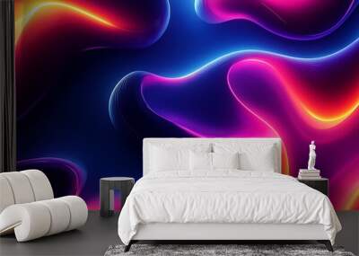 Abstract background with bright neon pink, orange, and blue wavy lines on a dark blue background. Wall mural