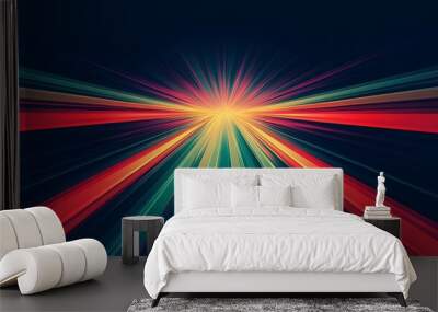 Abstract background with radiating lines of red, orange, yellow, and green light on a dark background. Wall mural