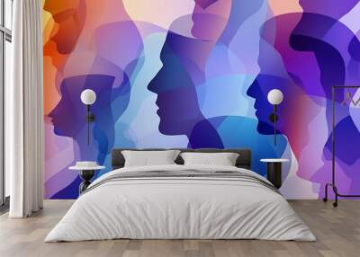 Abstract background with silhouettes of people's heads in various colors. Wall mural