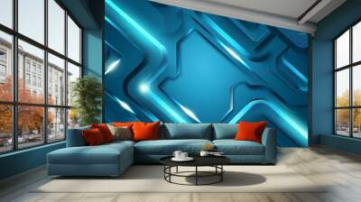 Abstract blue background with neon light lines and geometric shapes. Wall mural