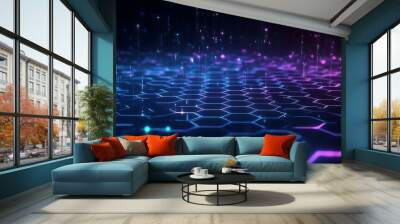 Abstract digital background with glowing hexagons and falling particles in blue and purple tones. Wall mural