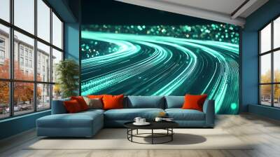 Abstract digital data flow.  A futuristic digital highway with a light trail of data flowing into a city. Wall mural