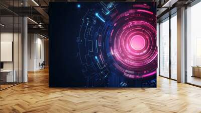 Abstract digital technology background with glowing pink and blue circles and lines. Wall mural