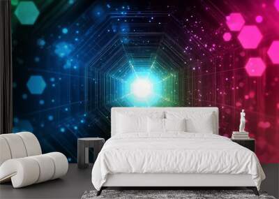 Abstract digital tunnel with glowing hexagonal lights Wall mural