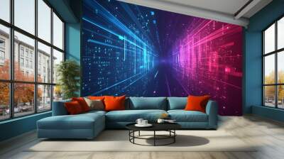 Abstract digital tunnel with glowing lines and squares. Wall mural