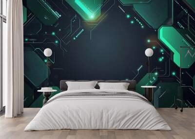 Abstract futuristic green and blue technology background with glowing lines and shapes. Wall mural