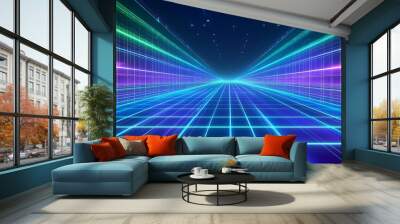 Abstract futuristic grid with neon lights and glowing particles in the background. Wall mural