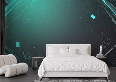 Abstract geometric background with teal and white lines and shapes on a dark green gradient. Wall mural