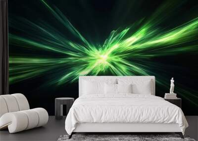 Abstract green light radiating from a central point against a black background. Wall mural