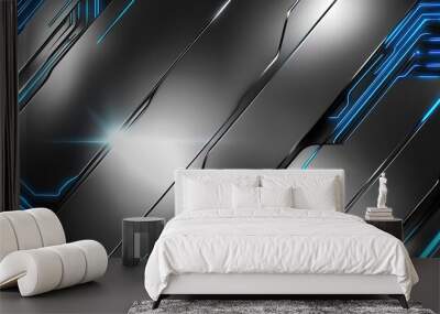 Abstract metallic surface with glowing blue lines. Wall mural