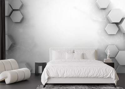 Abstract white background with hexagonal shapes and network connections. Wall mural