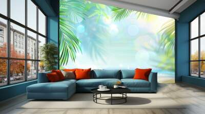 beautiful summer background with palm leaves and a sandy beach Wall mural